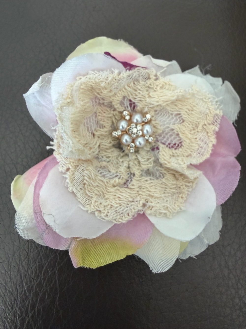 Romantic Handmade Arty Flower Pin with Pearl and Rhinestone Center